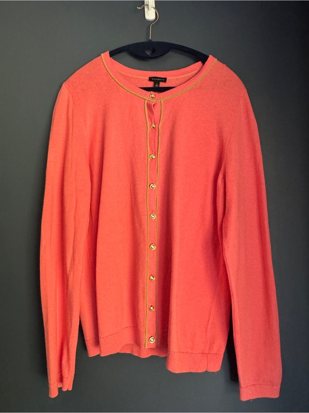 Talbots Coral Button-Front Cardigan with Gold Trim